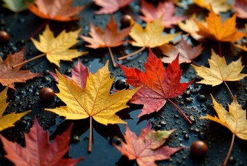 Fototapeta premium Autumn Leaves on Damp Earth - Overhead View - Deep Mood