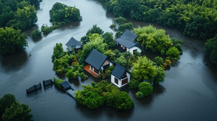 Aerial View of Flooded Residential Area with Trees