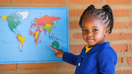 Young South African girl in school uniform explores the world map with curiosity and enthusiasm in a vibrant classroom setting