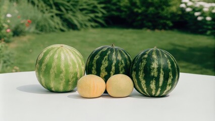 Assorted Watermelon Varieties Arranged on Outdoor Table