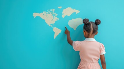 Young African girl enthusiastically learning geography in uniform while pointing at a world map in vibrant classroom setting
