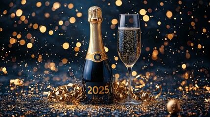 A stylish and elegant New Year's celebration image featuring the year "2025" and includes a sparkling champagne bottle, bursting with celebratory bubbles- ai generated