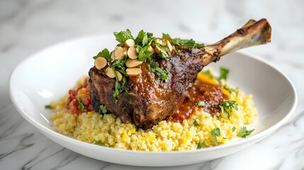 Moroccan Braised Lamb Shank with Couscous and Preserved Lemon, North African Main Course Photography