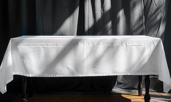 A large kitchen table covered with a white tablecloth