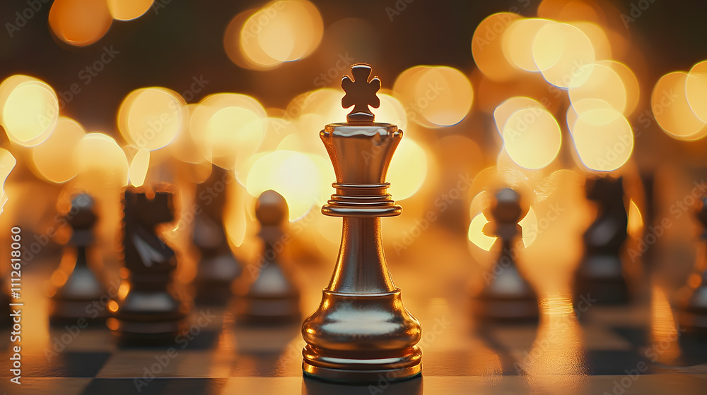 Poster golden chess king piece on a board with blurred background of chess pieces and soft warm bokeh light