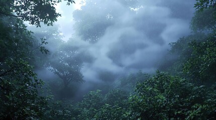 Fototapeta premium Abstract view of rain curtains in a deep forest environment, dreamlike, indistinct, weather patterns, atmospheric conditions, mysterious