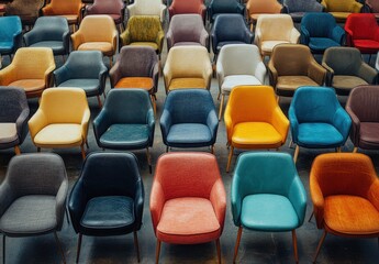 Naklejka premium A Vibrant Collection of Upholstered Chairs in Diverse Colors and Styles Arranged in a Captivating Pattern for Interior Design Inspiration and Home Decor Aesthetics