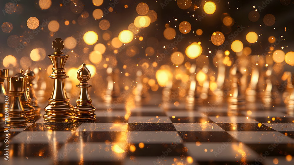 Poster glimmering chess pieces captivatingly resting on an elegant board surrounded by sparkling bokeh ligh