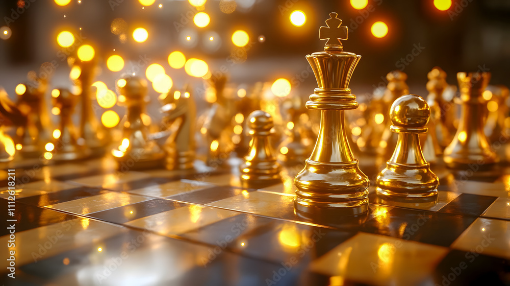 Poster golden chess pieces on elegant board with soft focus and sparkling bokeh lights for strategic thinki