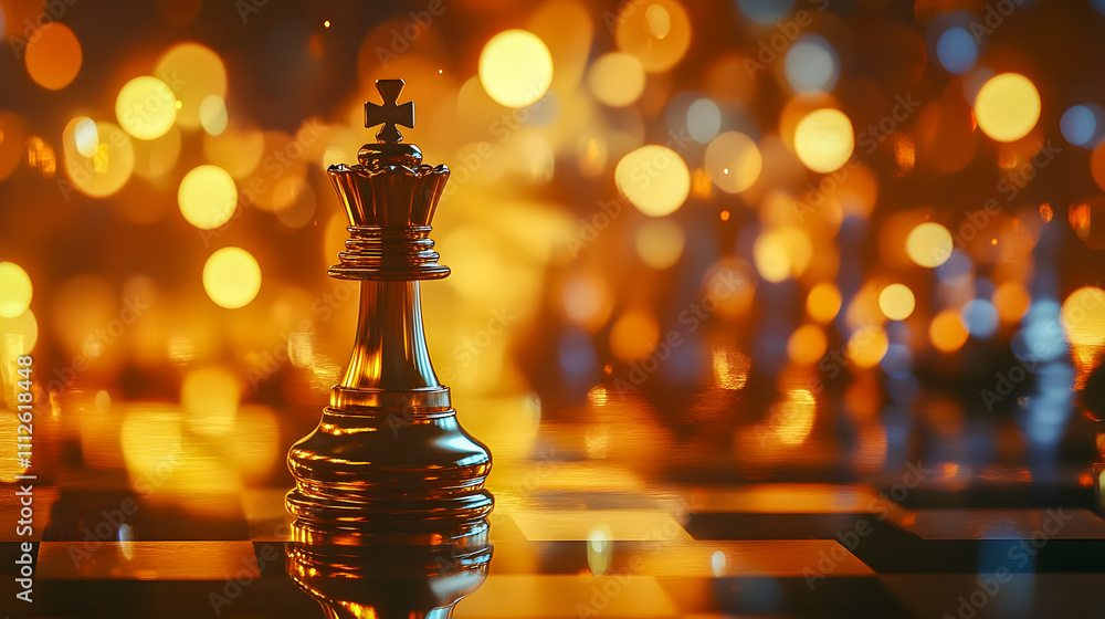Poster illuminated chess king piece on chessboard with blurred golden background bokeh lights in a strategi