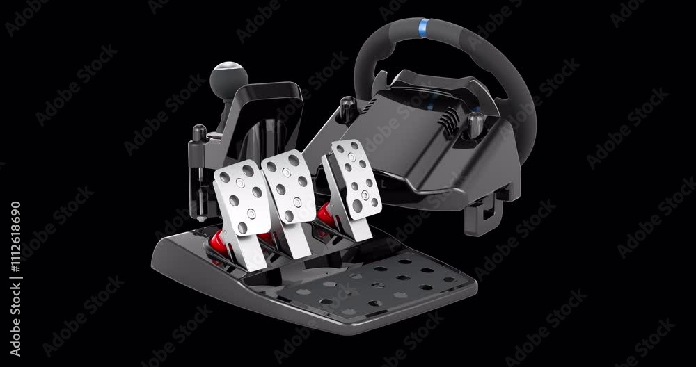 Poster gaming racing steering wheel with foot pedal and vibration feedback rotation animation, seamlessly l