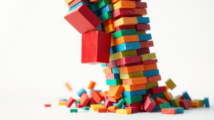 Fototapeta premium A colorful tower of blocks is about to collapse as one block falls out, creating a cascade of color.