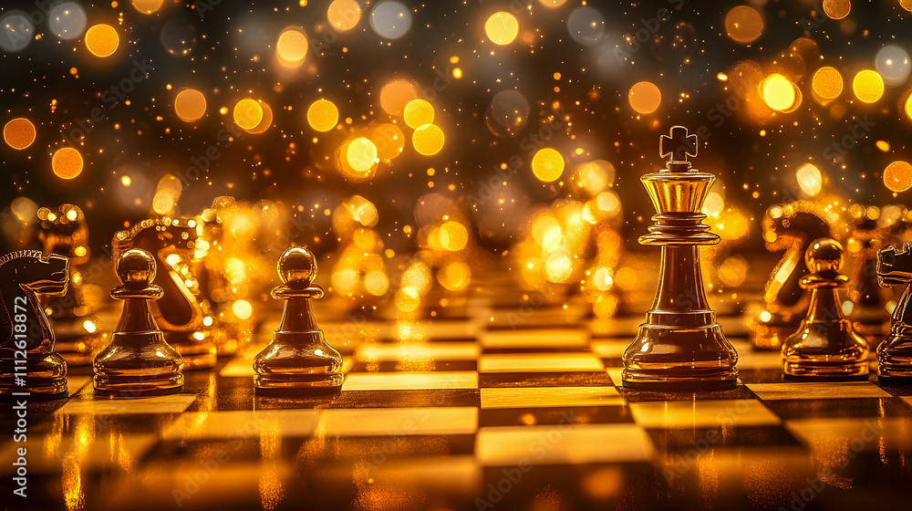 Poster illuminated chess board with golden bokeh effect and glass pieces for board game enthusiasts and str