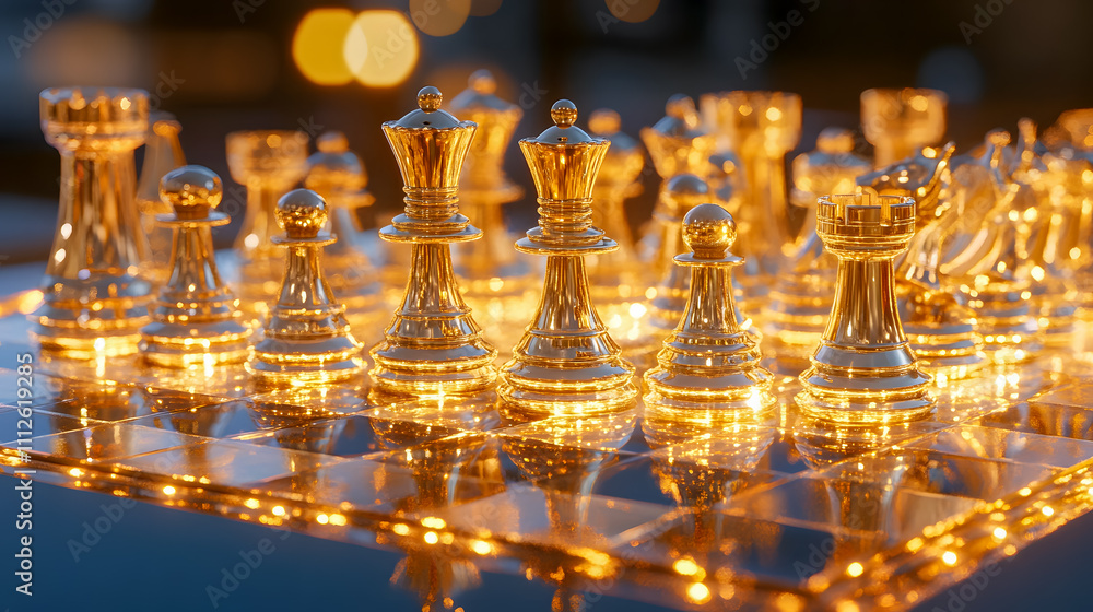 Poster elegant golden chess pieces illuminated by soft light on a reflective chessboard surface creating a 