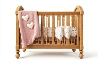 A beautifully designed wooden baby cradle crafted from natural wood, showcasing heart-shaped slats and four spindles, two adorned with small carved hearts