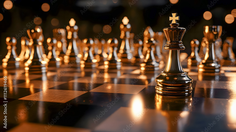 Poster elegant chess pieces illuminated by warm bokeh lights creating a captivating atmosphere for strategi