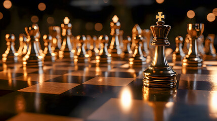 Elegant chess pieces illuminated by warm bokeh lights creating a captivating atmosphere for strategic gameplay and competition