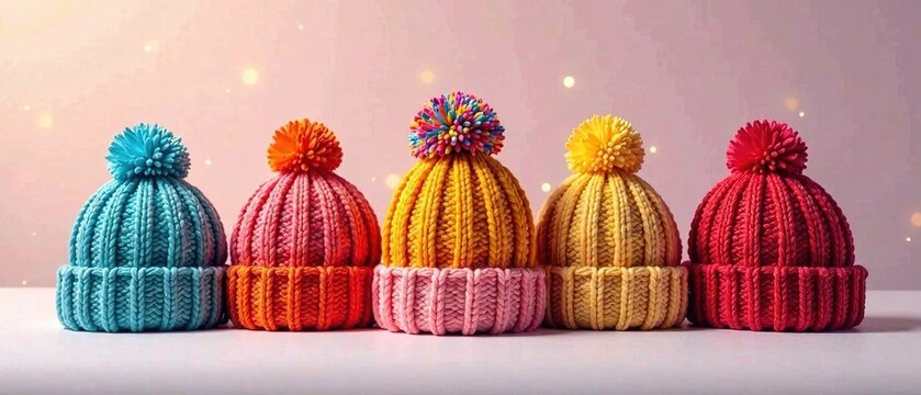 Colorful Knitted Hats, Light Background, Vibrant, Artistic, Fashion Accessory