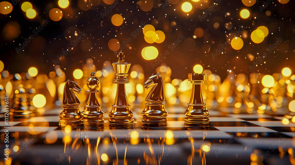 Poster elegant chess pieces with a golden glow on a reflective chessboard surrounded by a magical bokeh bac