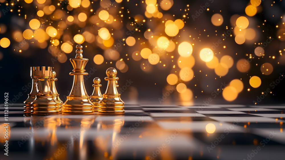 Poster elegant golden chess pieces on a glossy board with bokeh sparkles in the background