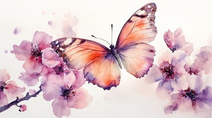 A watercolor painting of a butterfly among blooming flowers.