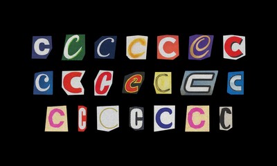 Set of letter “C” cut-out from magazines on a black background, retro y2k ransom font style