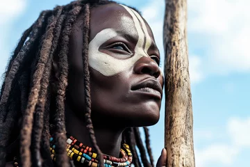 Portrait of an African woman with dreadlocks. She is wearing traditional, colorful African necklaces and has white face paint on her cheeks and forehead