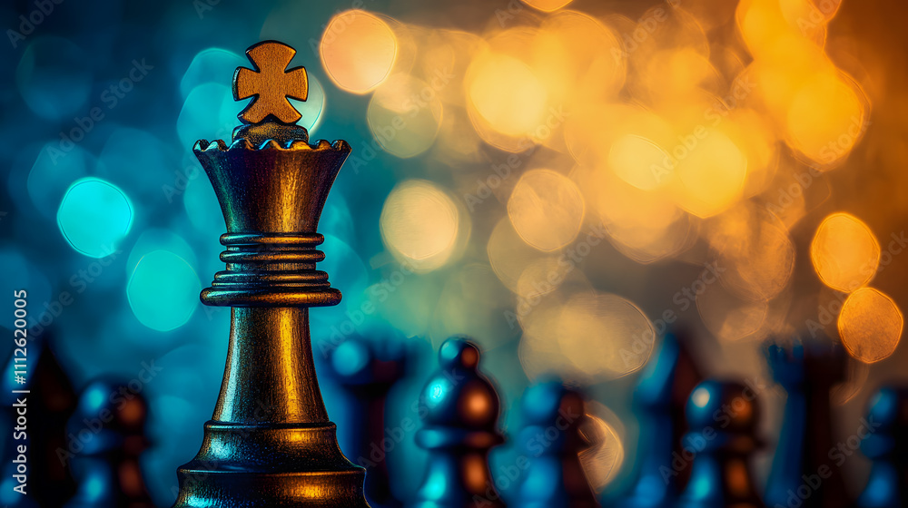 Poster close-up of a black chess king piece with colorful background illuminated by soft bokeh lights in wa