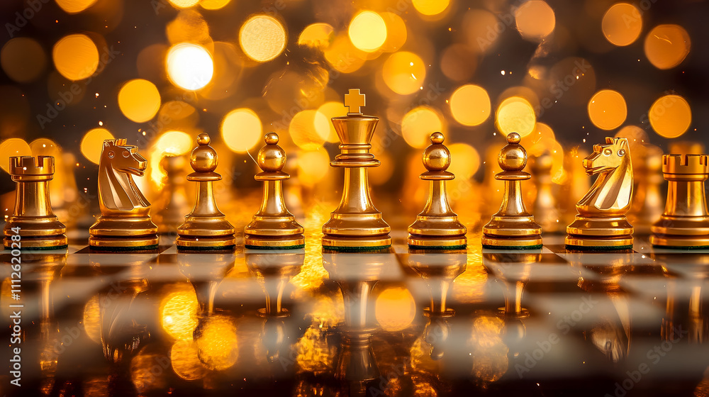 Poster elegant golden chess pieces on a sparkling board with bright bokeh background showcasing strategy an