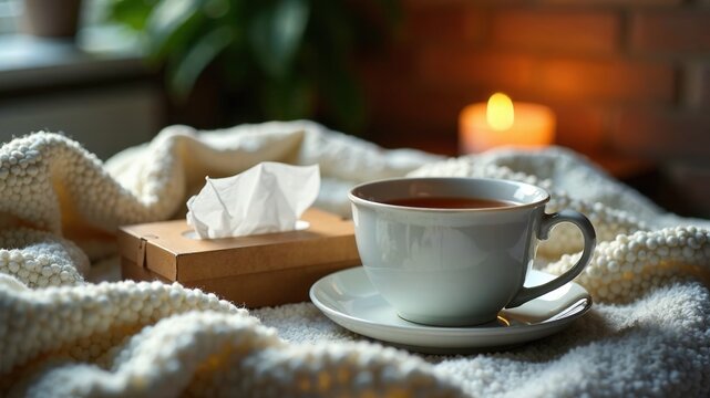 Cozy Flu Relief: Hot Tea, Blanket & Tissues - AI Art