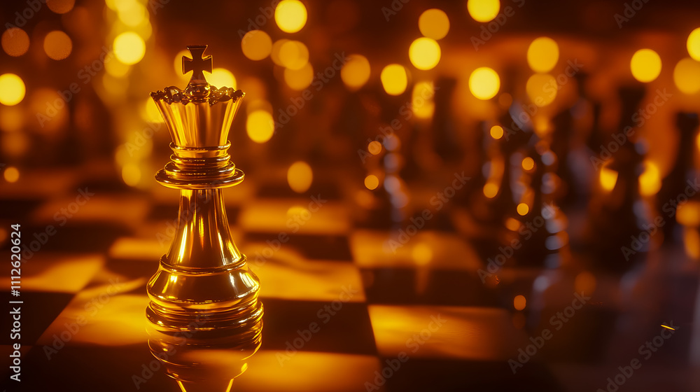 Poster golden chess piece on a chessboard with a warm glowing background and blurred chess figures creating