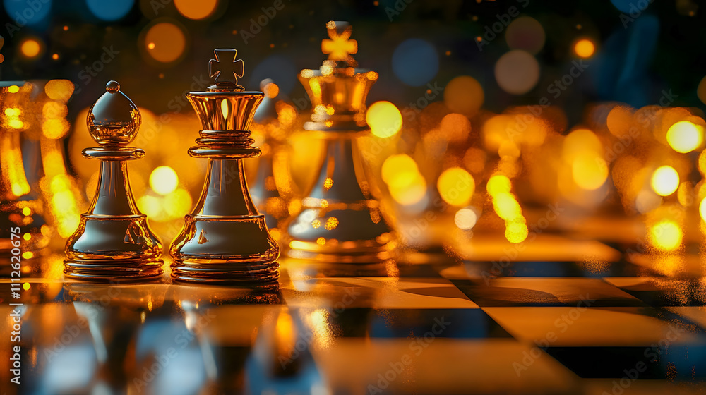 Poster elegant chess pieces on illuminated board with shimmering bokeh lights creating a magical atmosphere