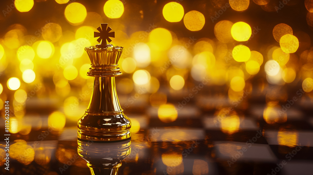 Poster elegant golden chess piece standing tall on a reflective chessboard with shimmering bokeh background