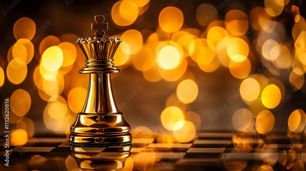 Poster majestic gold chess king piece on board with sparkling bokeh background creating an elegant and stra