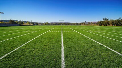 Obraz premium An aerial view of a freshly mowed football field with crisp white lines and goalposts under a clear blue sky