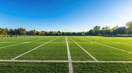 Fototapeta premium An aerial view of a freshly mowed football field with crisp white lines and goalposts under a clear blue sky