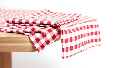 Obraz premium Fabric cloth or checked red on wood table counter top background.object isolated