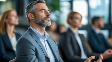 Professional Man Meditating with Eyes Closed in Conference Room During Business Meeting for Stress Relief and Mindfulness Practice