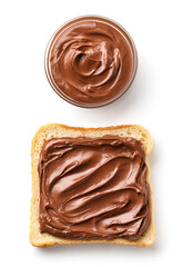Bread toast with chocolate hazelnut cream isolated on white background