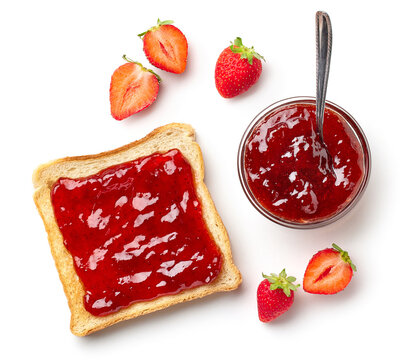 Bread toast with strawberry jam and fresh strawberries