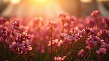 Obraz premium A field of delicate pink flowers bathed in the warm glow of the setting sun, creating a breathtaking spectacle of nature's artistry.