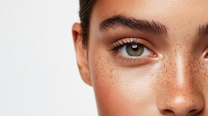 Fototapeta premium Closeup of a freckled face with minimal makeup, natural beauty, pure and authentic skin