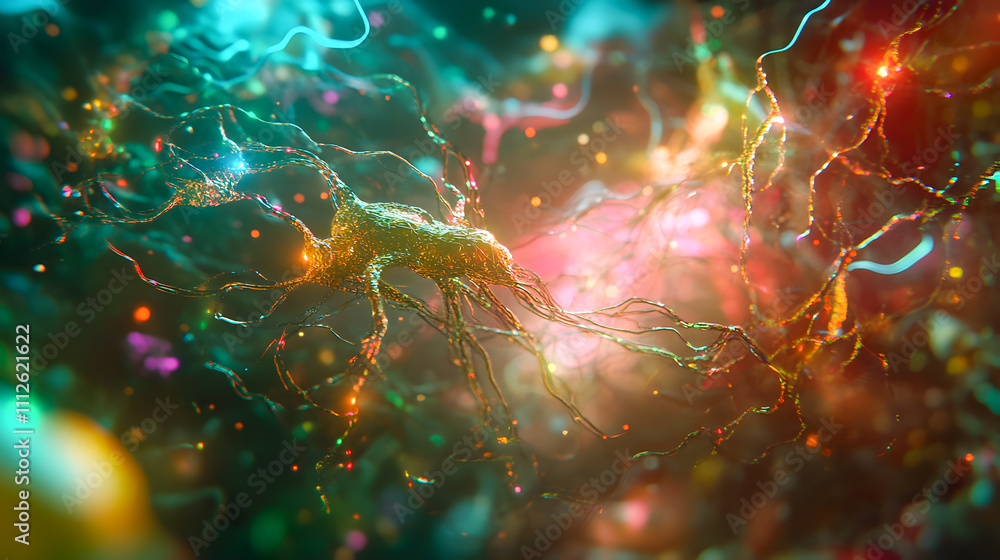 Poster intricate visualization of neurons interacting in a colorful abstract background with glowing partic