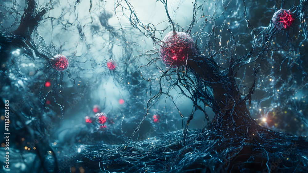 Poster abstract representation of neurons and cells interconnected in a surreal environment with glowing el