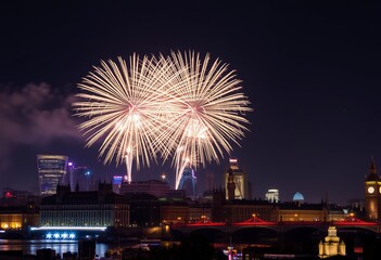 Fototapeta premium Fireworks light up the night sky over the city, reflecting in the water below