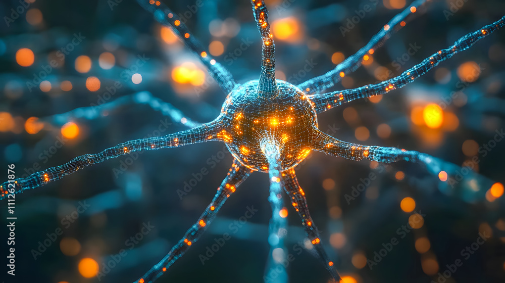 Poster futuristic neuron structure with glowing axons and dendrites in a digital network environment