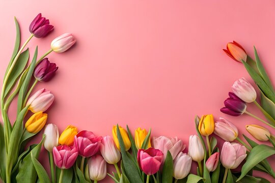 Colorful tulips forming a vibrant frame on a soft pink background with ample copy space. Ideal for springtime, Mother's Day, or feminine floral designs.