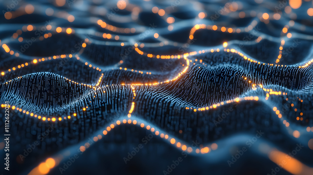 Poster abstract representation of digital waves with glowing lights and flowing patterns creating a mesmeri