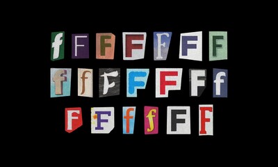 Set of letter “F” cut-out from magazines on a black background, retro y2k ransom font style