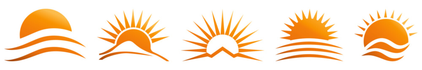Set of simple sun logos in shades of orange, with sunrise rays